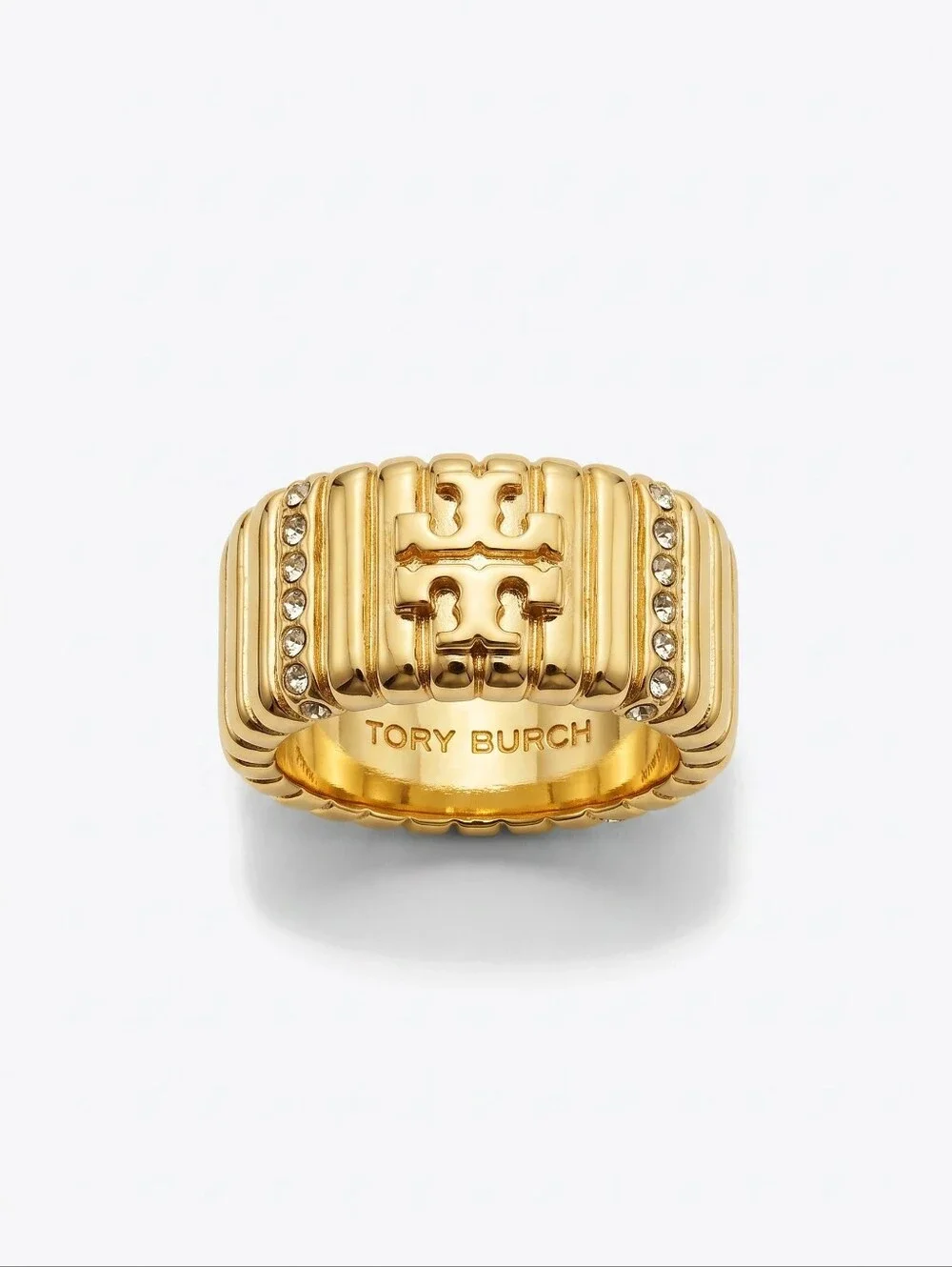 Tory Burch Crystal Textured Pavé Logo Ring - Gold or Silver